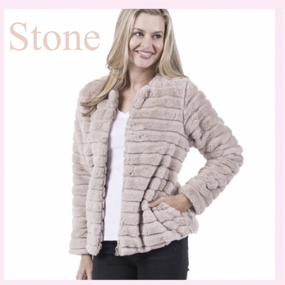 Katydid Jackets & Blazers - Katydid Beige Stone Faux Fur Bomber Jacket
